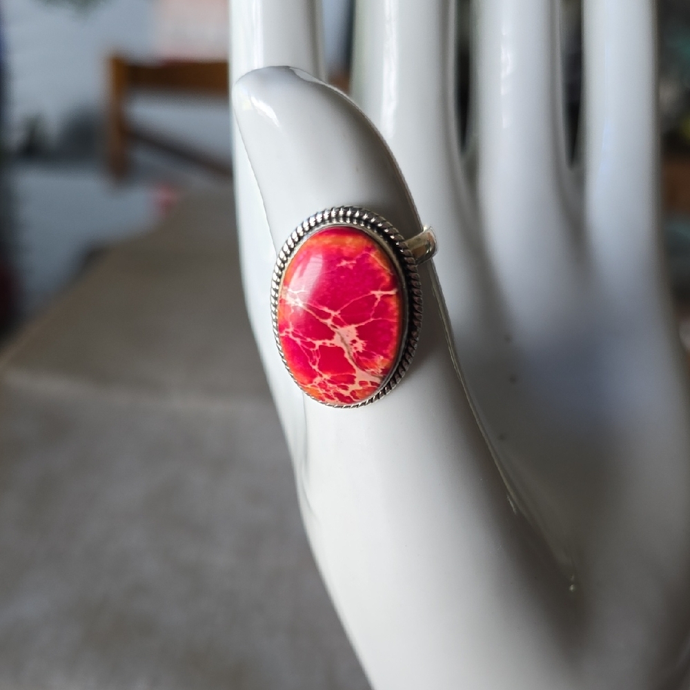 925 Sterling Silver Red Jasper Ring~Sz 8 Adjustable